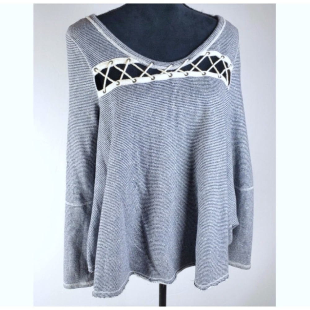 Free People Swing Lace Up Sweatshirt Women's Size Small Navy Blue Ivory Striped - Picture 3 of 7
